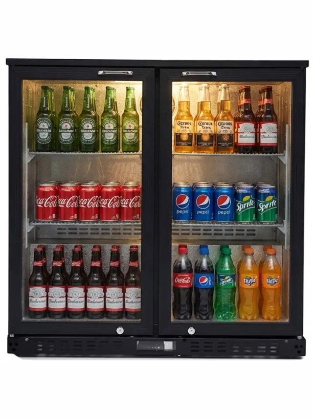 HCB Professionele Horeca Barkoelkast - Zuinige glasdeur koelkast met 2 klapdeuren - 218 liter - Koeling met glazen deur - Flessenkoelkast - Drankenkoelkast klein - Bier koelkast - 52x90x84 cm (DxBxH) - 70 kg - Frigo - 7939 Zwart - 2 Klapdeuren