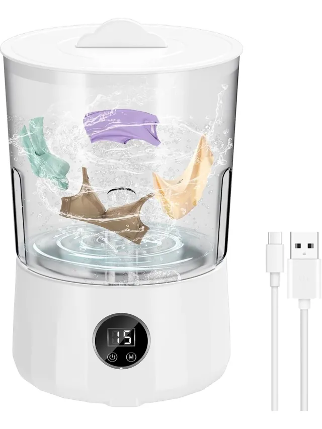 SNQ Draagbare Mini Wasmachine 1.5L – Oplaadbaar – 3 Wasprogramma's – Voor Ondergoed, Sokken en Kleine Kledingstukken – Compact voor Studentenkamer, Appartement en Reizen – Wit