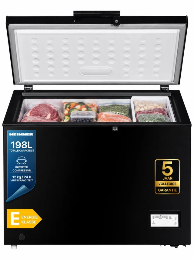 Heinner HCF-205NHBKE++ Vrieskist – 198 L – Inverter Compressor – Elektronische Bediening – Waterbestendig Display – Snelvriesfunctie – Zwart – 5 Jaar Garantie