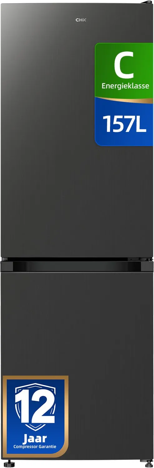 chiq CBM162DGC - Koel-vriescombinatie - 157 Liter - Klasse C - Praktische indeling - Elektronische Bediening - 12 jaar garantie op compressor zwart roestvrijstaal 2026 c