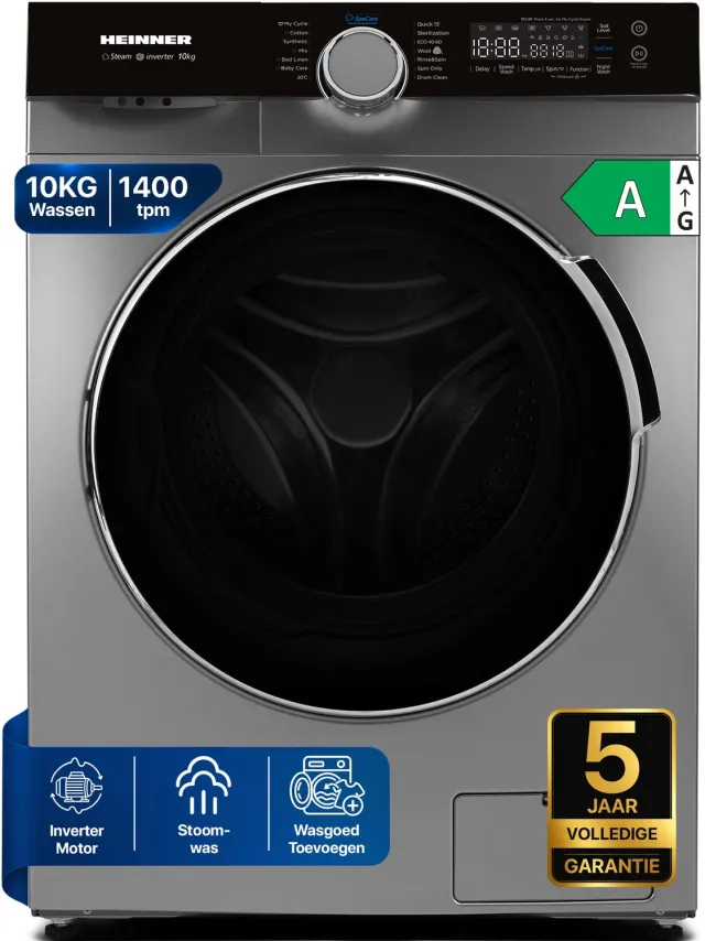 Heinner HWM-M1014IVKSA++ Wasmachine 10 kg – Inverter Motor – 1400 tpm – 14 Programma’s – Stoomfunctie – Energieklasse A – Touchbediening – Zilver – 5 Jaar Garantie