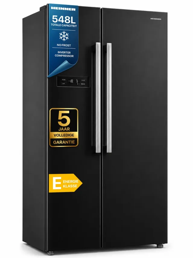 Heinner HSBS-M548NFINVBKE++ American Side-by-Side Koelkast – 548 L – Total No Frost – Inverter Compressor – Touchbediening – Super Cooling – Super Freeze – Holiday-functie – Open-deur Alarm – Zwart – 5 Jaar Garantie