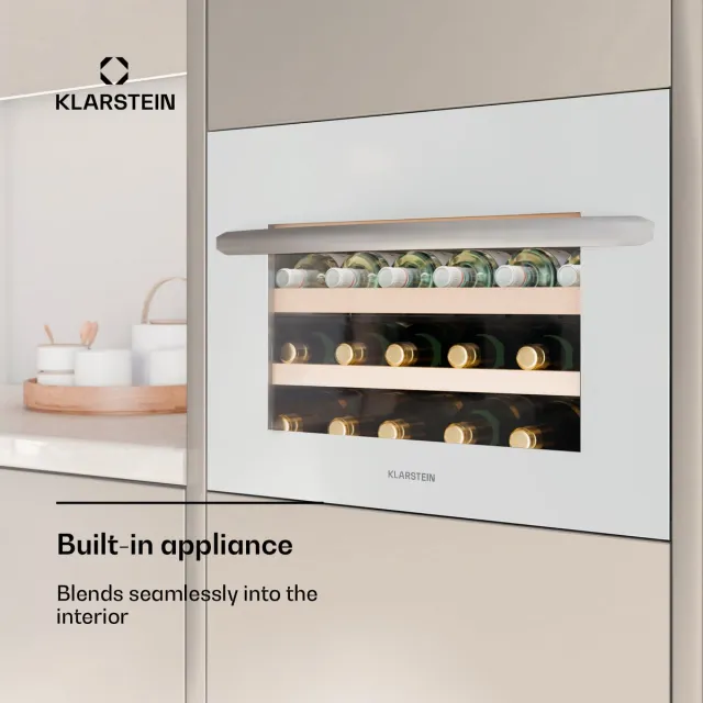 Klarstein Vinsider 24 Built-In Uno Inbouw-wijnkoelkast - 24 flessen, 1 zone, 5-20 °C, LED-verlichting, UV-bescherming, Houten legborden, Stil, Energiezuinig, Wit, Glazen deur