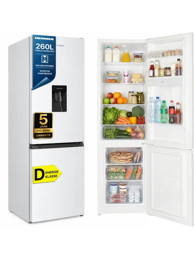 Heinner HC-HM260INVWDD Koel-vriescombinatie met Waterdispenser – 260 L – Elektronische Temperatuurregeling – Omkeerbare Deur – Wit – 5 Jaar Garantie