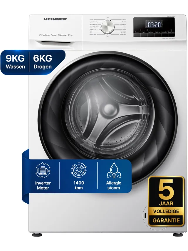 Heinner HWDM-H9614A Was-droogcombinatie - 9 kg Wasmachine / 6 kg Droger - 1400 tpm - Energieklasse A/D - Stoomfunctie - Anti-Allergie Programma - Inverter Motor - LED Display - 5 Jaar Garantie White