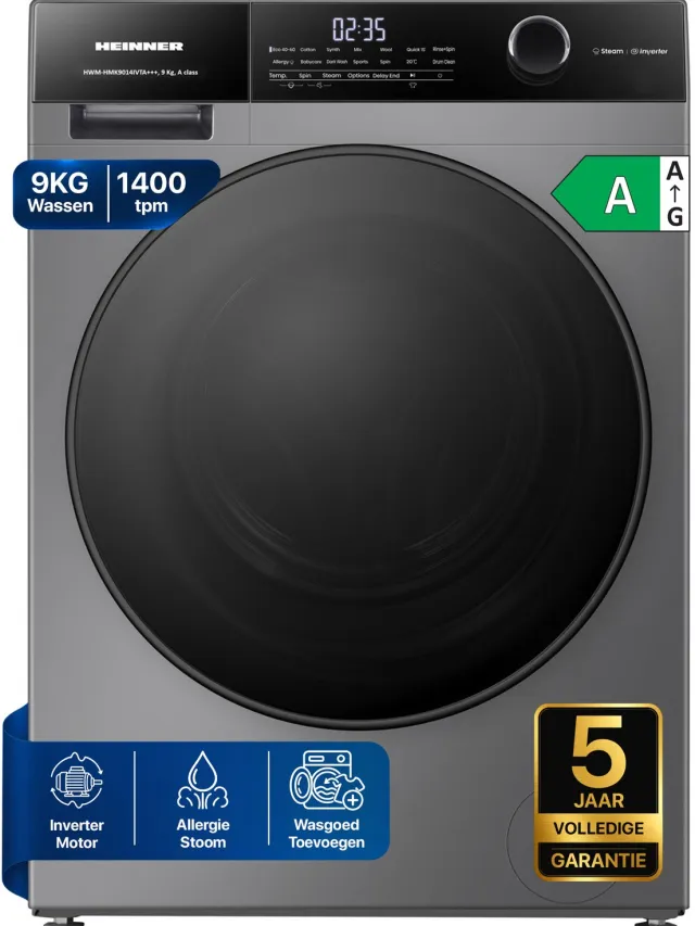 Heinner HWM-HMK9014IVTA+++ Wasmachine 9 kg – 1400 tpm – Inverter – Touchbediening – Allergievriendelijk – Energieklasse A – Titaniumgrijs– 5 jaar garantie