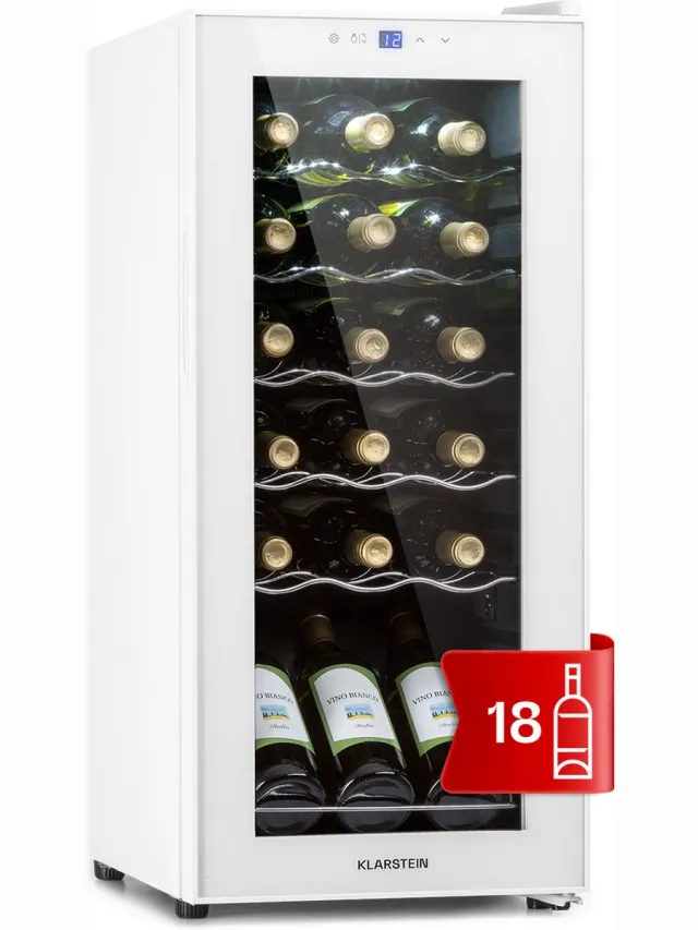 Klarstein Wijnkoeler Wijnkoelkast 1 Zone – Vrijstaande Wijnklimaatkast 50L – Compacte Drankenkoelkast met Glazen Deur – Binnen/Buiten Gebruik – voor 18 Flessen - 45 cm - voor Bar - Wijnkast - Wine Cooler - Wine Fridge Wit Glas