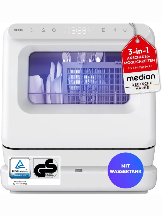 Medion Mini vaatwasser, 6 programma's - MD370022 | afneembaar waterreservoir, 3 watertoevoermogelijkheden, touchbediening en LED display, UV licht, ideaal voor camping, tuin en appartement wit