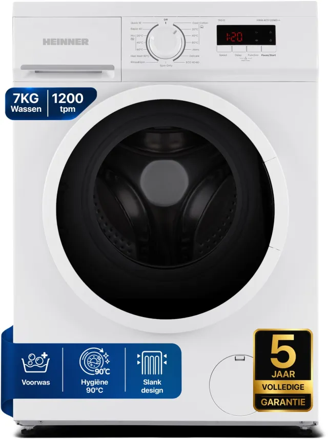 Heinner HWM-M7012SMD++ Wasmachine 7 kg – 1200 tpm – 15 Programma’s – Digitaal Display – 90°C Sterilisatieprogramma – Wit – 5 Jaar Garantie