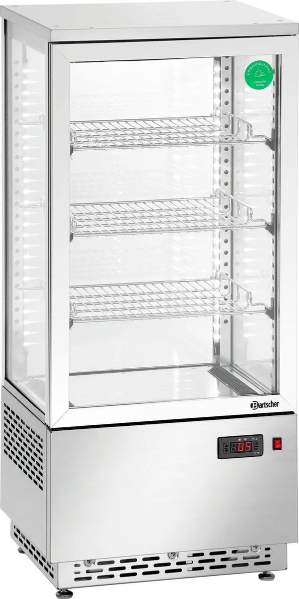 Bartscher Mini-koelvitrine 78L - Edelstaal - 3 roosters - LED-verlichting - 430x390x990mm Grijs