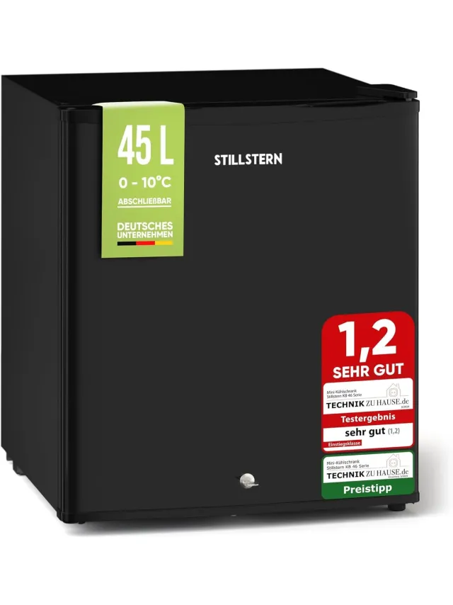 Stillstern Mini-Koelkast - E - 45L - met Automatische Ontdooiing - Slot - Vriesvak - stil - ideaal voor keuken, kantoor, slaapkamer, hotels en kleine appartementen - Kleine koelkast - Minibar - Drankkoelkast Schwarz