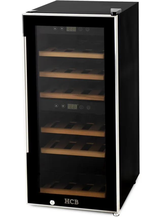 HCB Professionele luxe Wijnkoelkast met 2 zones - 24 flessen - Wijnklimaatkast met houten lades - Vrijstaand wijn koelkast - Klimaatkast - Wijnkast - Wijnfrigo koeler - 37 kg - Frigo - 6813 Zwart - 24 flessen - 2 zones