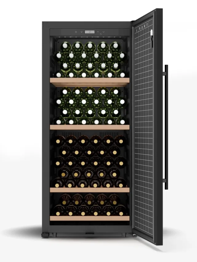 Klarstein Wijnkoeler CellarMax Vrijstaande - 155 Flessen Capaciteit, 5-20°C, touchbediening, Metalen Deur, Slot, Alarm, Stil 38 dB, Energieklasse E, Grote Wijnkoelkast - Houten Schappen - Wijnklimaatkast - Wijnkast - Wine Cooler Zwart