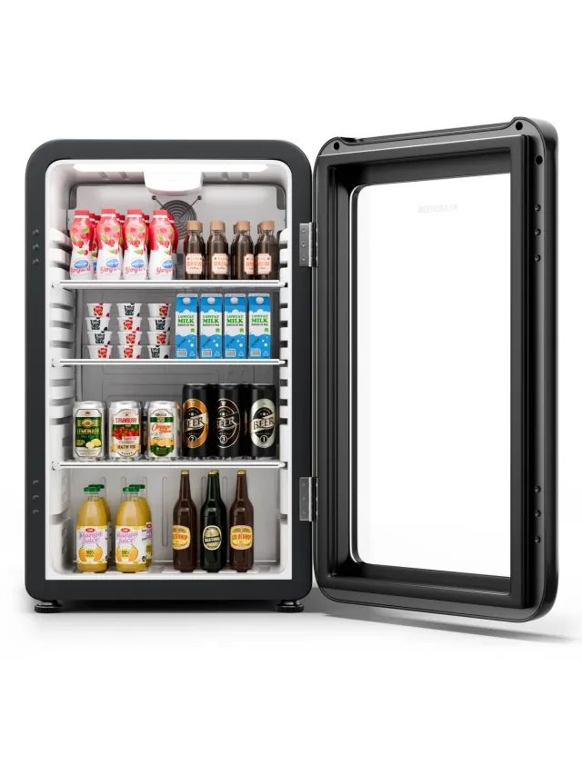 Klarstein Mini-Koelkast Audrey Evo Drankkoelkast met Glazen Deur - 95L Mini Koelkast, retro-design, LED-Verlichting, Dubbel Glasdeur, 0-10 °C, Energieklasse C, Zwart - Drankenkoelkast - 95L - Compact - Thermostaat Verstelbaar