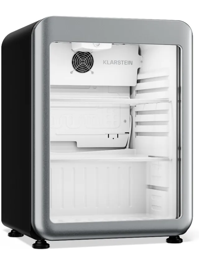 Klarstein Audrey Evo drankenkoelkast 65 L – Drankenkoeling met glazen deur, ledverlichting, regelbare temperatuur 0-10 °C, 2 schappen, stille werking Zilver