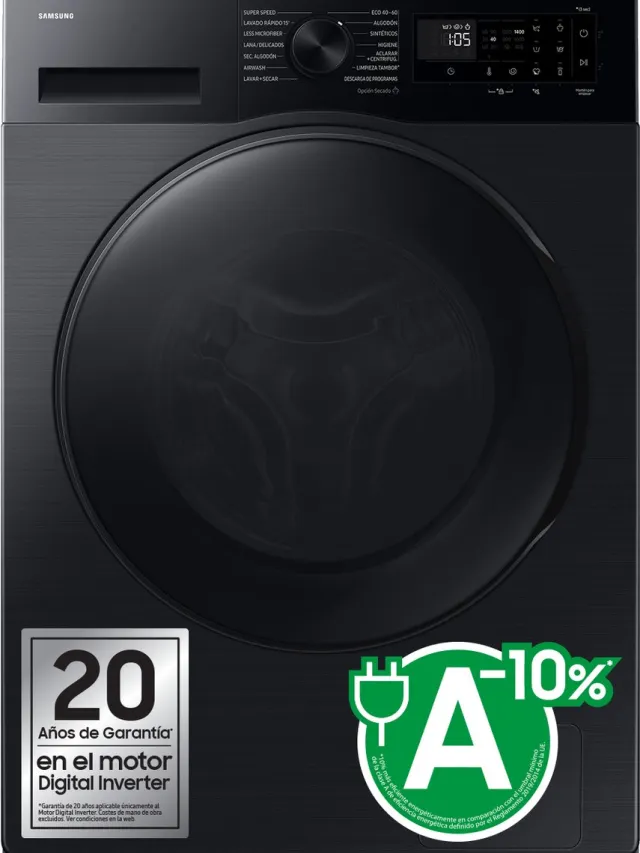 Samsung WD90DG5G34BB, Voorlader, Vrijstaand, Zwart, Links, Zwart, LED Black