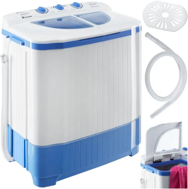 Tectake Mini Wasmachine - Kleine Wasmachine met Dubbele Trommel - Camping Wasmachine - Miniwasmachine met Centrifuge - Was-Droogcombinatie - 4,5kg Wassen, 3,5kg Drogen - Zuinig en Stil - Inclusief Aansluitslang blauw