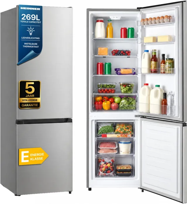 Heinner HC-HS269SE++ Koel-vriescombinatie 269 L – Mechanische Bediening – LED-verlichting – Omkeerbare Deur – Zilver – 5 Jaar Garantie