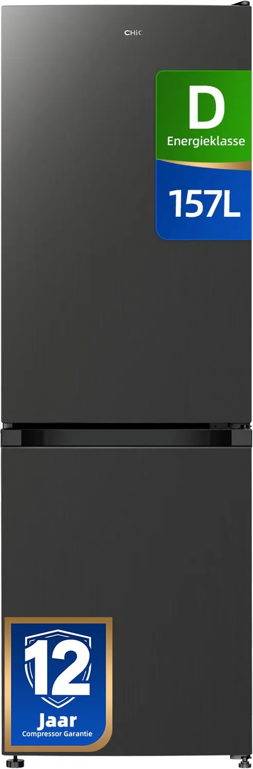 chiq CBM162DGD koel-vriescombinatie, 157 liter, vriezer onder Zwart roestvrijstaal 2026 D