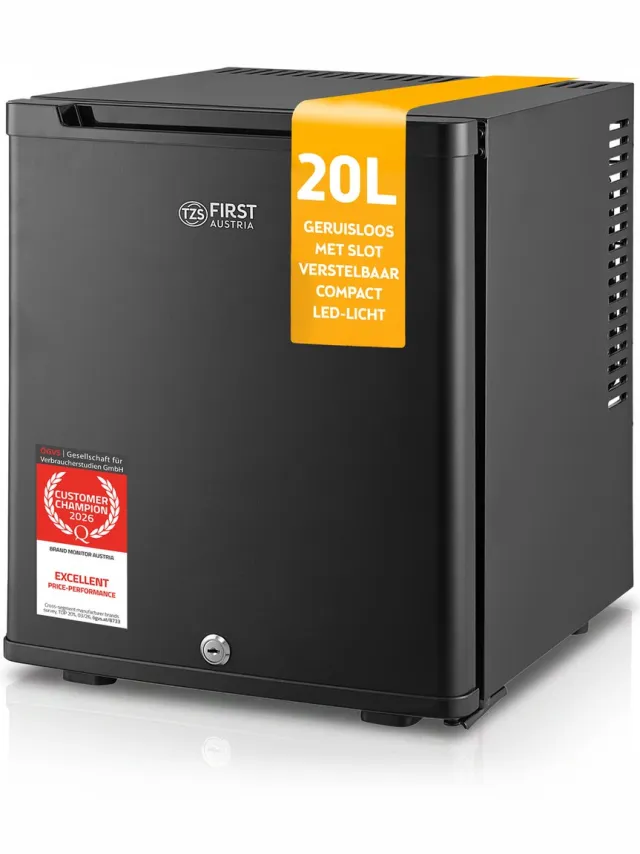TZS FIRST AUSTRIA Mini-koelkast 20L, Stil 22dB(A), met Afsluitbare Deur Zwart