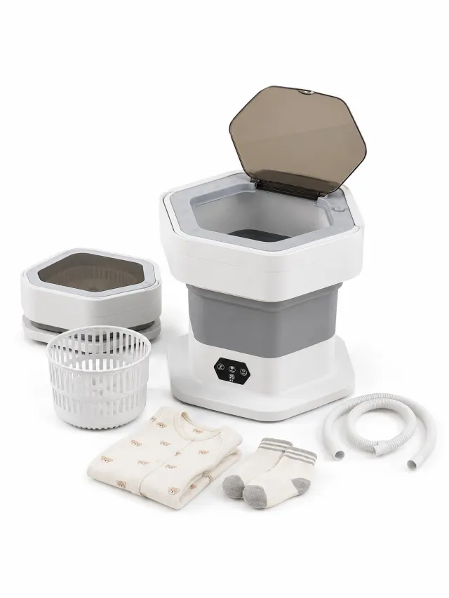Bobypet Mini wasmachine - Draagbare wasmachine - Opvouwbare wasmachine - Camping wasmachine - Kleine wasmachine - Voor appartement en studentenkamer - 30*30*28CM - Grijs