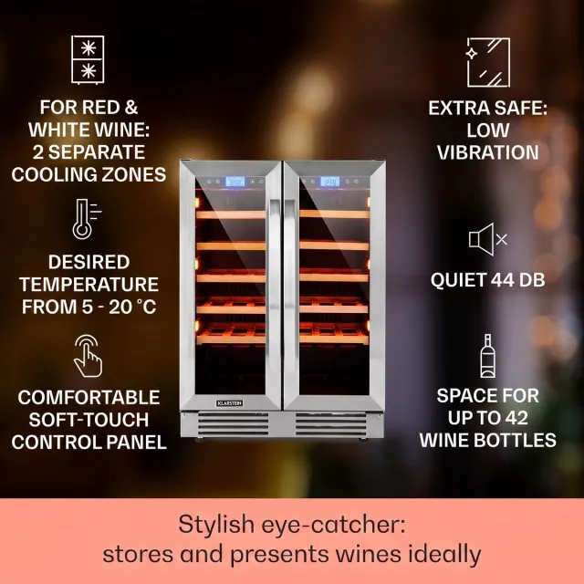 Klarstein Inbouw Wijnkoelkast 2 Zones – Wijnklimaatkast 126L met Glazen Deur – Drankenkoelkast voor Binnen/Buiten – Temperatuurregeling – Capaciteit 42 Flessen - 60 cm - Touch Vrijstaand - Wit - glas Display - Rood - Wijnkast Roestvrij Staal
