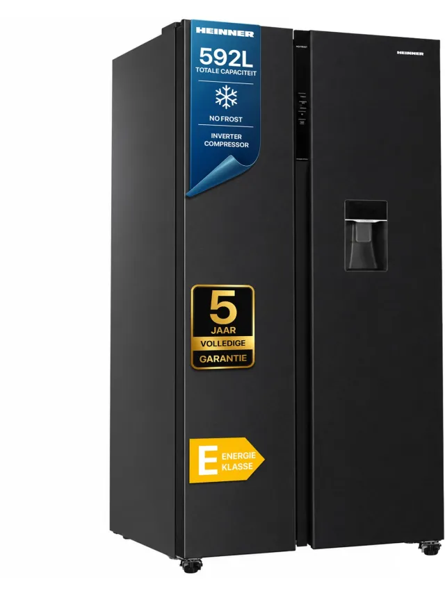 Heinner HSBS-HM592NFDXWDE++ Amerikaanse Side-by-Side Koelkast met Waterdispenser – 592 L – Full No Frost – LED Touch Display – InoxCool – Inox Antraciet – 5 Jaar Garantie