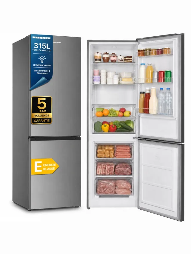 Heinner HC-HM315XE++ Koel-vriescombinatie – 315 L – Energieklasse E – Instelbare Thermostaat – LED-verlichting – Omkeerbare Deur – RVS – 5 Jaar Garantie