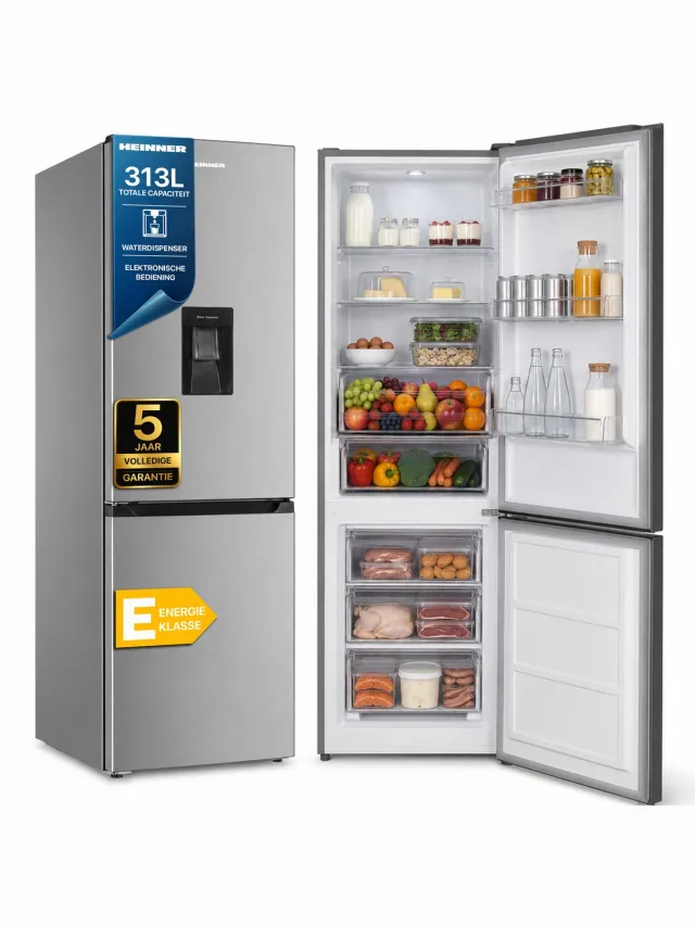Heinner HC-HM313XWDE++ Koel-vriescombinatie met Waterdispenser – 313 L – Energieklasse E – Elektronische Bediening met Instelbare Thermostaat – LED-verlichting – Omkeerbare Deur – 5 Jaar Garantie RVS