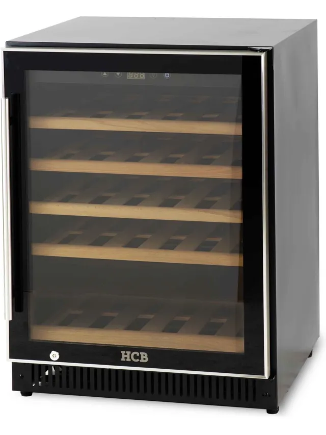 HCB Professionele luxe Wijnkoelkast voor 51 flessen - Wijnklimaatkast met houten lades - Vrijstaand wijn koelkast - Klimaatkast - Wijnkast - Wijnfrigo koeler - 49 kg - Frigo - 6809 Zwart - 51 flessen