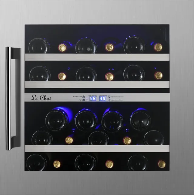 Le Chai LB270 - Inbouw Wijnklimaatkast met 2 Temperatuurzones - 27 Flessen - Nis 60 cm Hoog - RVS - Anti-UV Glasdeur - 5 tot 22°C - 3 Kleuren LED - 38 dB