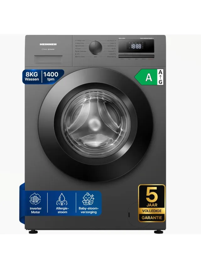 Heinner HWM-HME814IVTGA20+++ Wasmachine – 8 kg – 1400 rpm – Energieklasse A-20% – Inverter Motor – 15 Programma’s – Stoomfunctie – Digitaal Display – Titaniumgrijs – 5 Jaar Garantie
