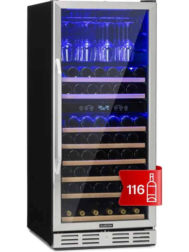 Klarstein Inbouw wijnkoelkast, 2 zones drankenkoelkast klein, Kleine wijnkast 306L, Wijnkoelkast klein met glazen deur, Indoor/Outdoor flessenkoelkast, Wine Fridge voor 116 flessen Roestvrij Staal