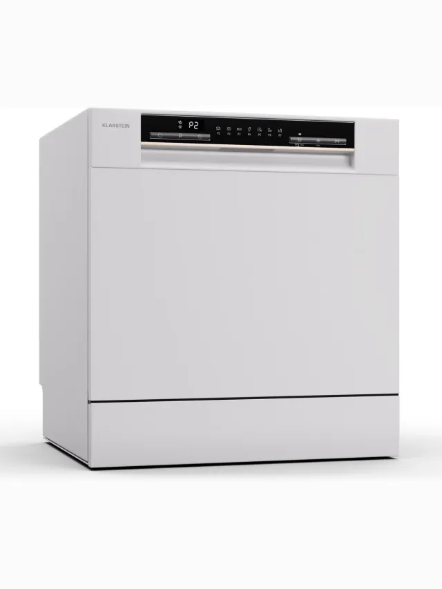 Klarstein Vaatwasser mini- voor 8 couverts, stille kleine vaatwasser met 7 wasprogramma's, kleine tafelmodel vaatwasser voor thuis, op kantoor en op de camping, mini-vaatwasser met wateraansluiting - 8L 8 Maatgedekken 47 dB 50 cm - voor Keuken Wit / Zilver Metallic