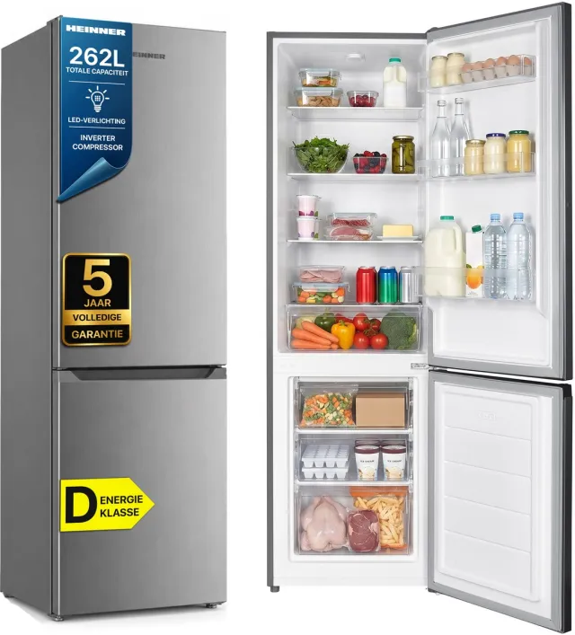 Heinner HC-HM262INVXD Koel-vriescombinatie RVS 262 L – Vrijstaand – Energieklasse D – Instelbare Thermostaat – LED-verlichting met Deuralarm – Omkeerbare Deur – 5 Jaar Garantie