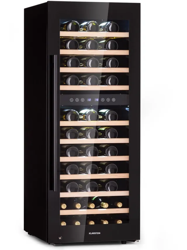Klarstein Wijnkoeler Barossa 73 - Duo Wijnkoelkast - 2 Zones - 192 Liter - 73 Flessen - 5-18 °C - Vrijstaand - Touch Display - Zwart - 44 cm - voor Restaurant voor Bar - Glazen Deur - Hout - Wijnklimaatkast - Wijnkast - Wine Cooler