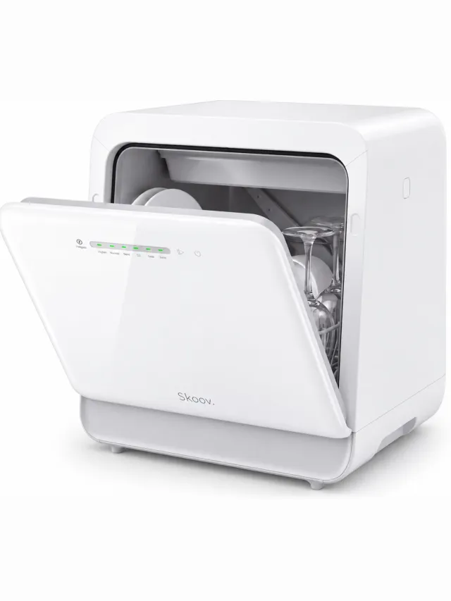 Skoov Vrijstaande mini vaatwasser met waterreservoir - Afwasmachine vrijstaand - Dishwasher - Vaatwas - Met bestekmand - Kleine vaatwasmachine - Smalle - Tafel - Camping -Wit - Compact - 5 Couverts - 7 wasprogramma’s