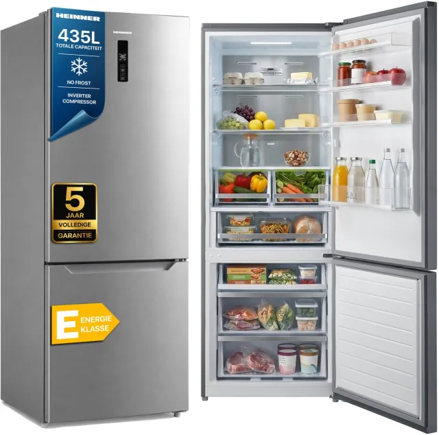Heinner HCNF-M435INVHXE++ Koel-vriescombinatie RVS 435 L – No Frost – Vrijstaand – LED-display met Supervriezen & Superkoelen – Omkeerbare Deuren – 5 Jaar Garantie
