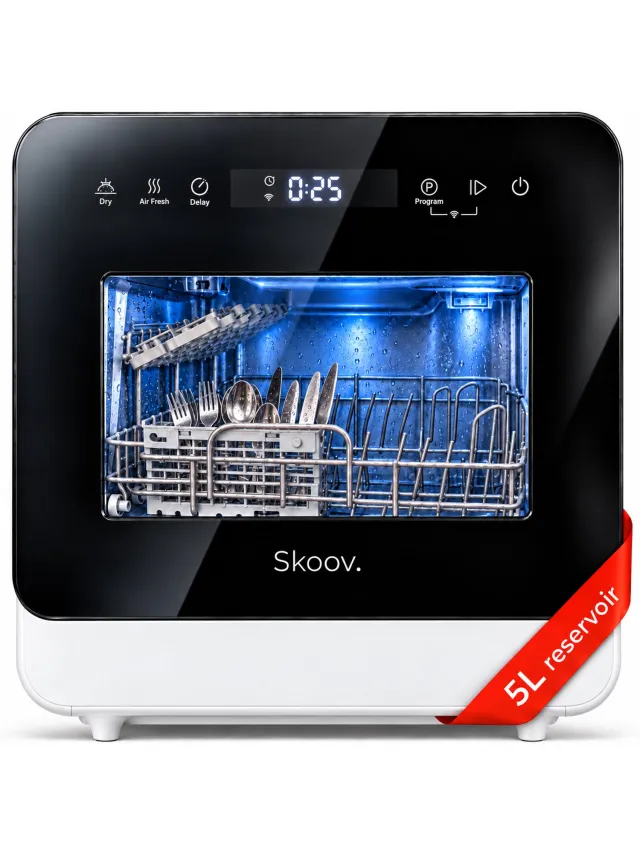 Skoov Vrijstaande mini vaatwasser met waterreservoir - Afwasmachine vrijstaand - Dishwasher - Vaatwas - Met bestekmand - Kleine vaatwasmachine - Smalle - Tafel - Camping - Wit - Compact - 5 Couverts - 7 wasprogramma’s