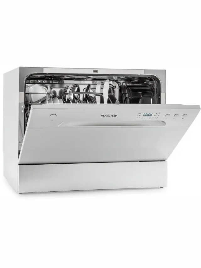 Klarstein Vaatwasser mini- voor 6 couverts, stille UV-vaatwasser, compact met 6 wasprogramma's, kleine tafelvaatwasser voor thuis, kantoor, camping, mini-vaatwasser met wateraansluiting - Vaatwasmachine - 6 Maatgedekken 45 cm 1380W - AquaStop Inbouw Zilver Metallic