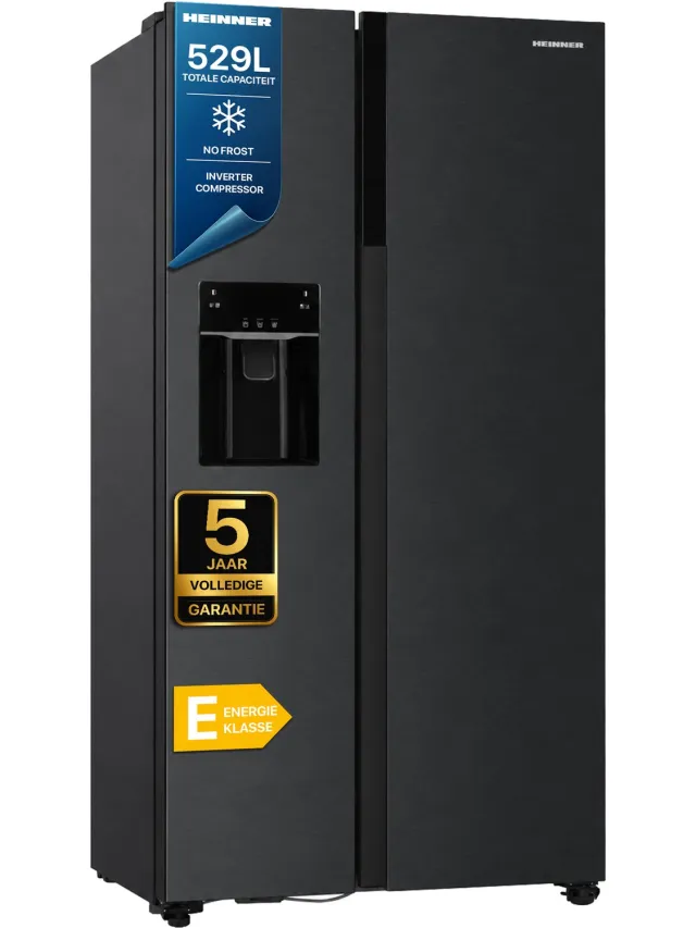Heinner HSBS-HM513NFIMDXE++ Amerikaanse Side-by-Side Koelkast – 513 L – No Frost – Water- en ijsdispenser – ECO-functie – Inox Antraciet – 5 Jaar Garantie