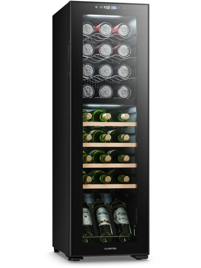 Klarstein Wijnkoeler Vrijstaande Wijnkoelkast voor 27 Flessen – Drankkoelkast met 2 Koelzones & Energiezuinige Compressor, Ideaal voor Wijnliefhebbers - 74L 48 cm - 2 Zones Touch UV-Bescherming Houten Schappen - Wijnklimaatkast Zwart