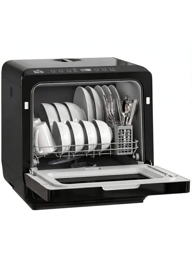Ropilly Mini Vaatwasser Zwart - Tafelmodel Vaatwasser 6 Liter - 5 Programma's - Voor Keuken & Camper - 45x44x45,8 cm