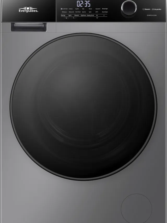 Everglades EVWM91412AG Zuinige Wasmachine - 9KG - A Klasse - Stoomfuncties/Allergie+ - Koolborstelloze Motor - Zeer Stil 72dB - Titanium Grijs - 5 Jaar Garantie