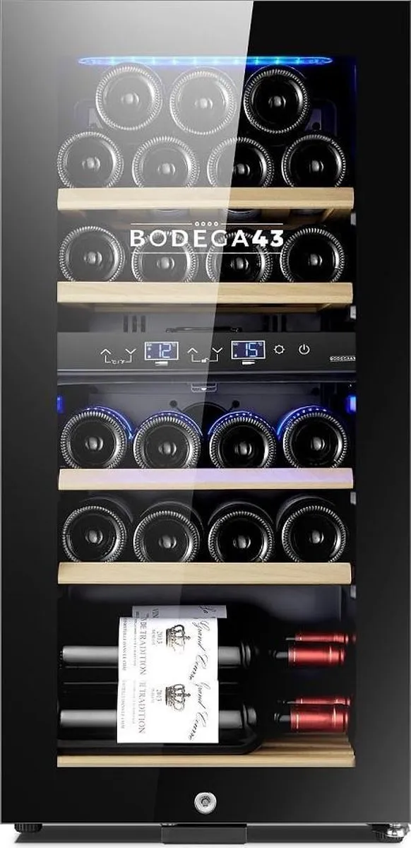BODEGA43 22 Luxe Vrijstaande Wijnklimaatkast - 2 Zones, 22 Flessen, Compressor, 7 Houten Lades, LED Zwart