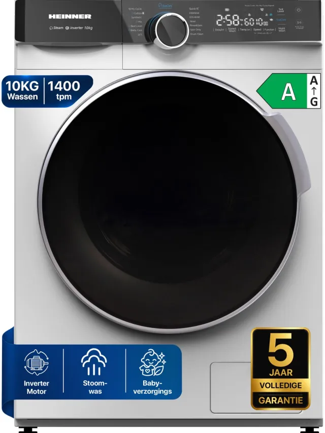 Heinner HWM-M1014IVKA+++ Wasmachine 10 kg – 1400 tpm – Energieklasse A – 14 Wasprogramma’s met Stoomfunctie en SpaCare – Geheugenfunctie voor Favoriete Programma’s – Wit – 5 Jaar Garantie