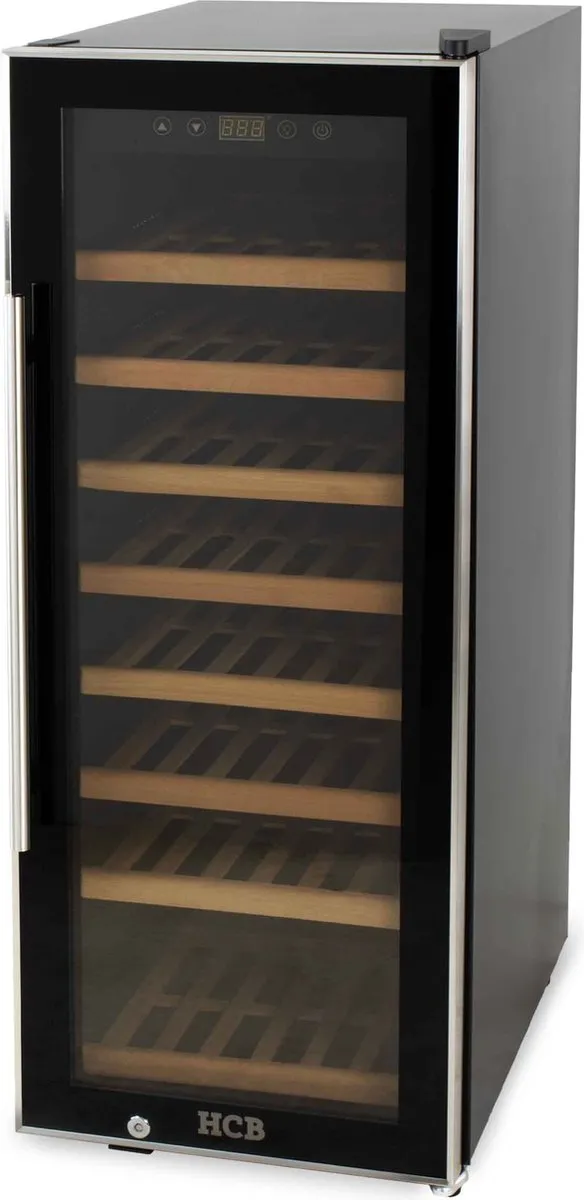 HCB Professionele luxe Wijnkoelkast voor 43 flessen - Wijnklimaatkast met houten lades - Vrijstaand wijn koelkast - Klimaatkast - Wijnkast - Wijnfrigo koeler - 44 kg - Frigo - 6814 Zwart - 43 flessen