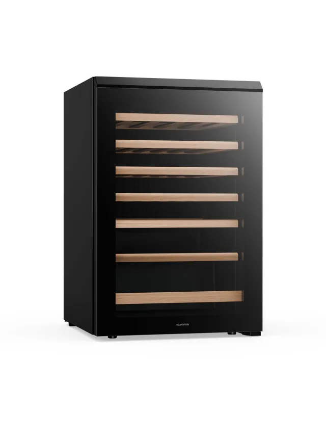 Klarstein Bevora wijnkoelkast 48 flessen – Vrijstaande wijnkoeler, touch control, 4-18 °C, deur met uv-glas, ledverlichting, houten schappen Zwart