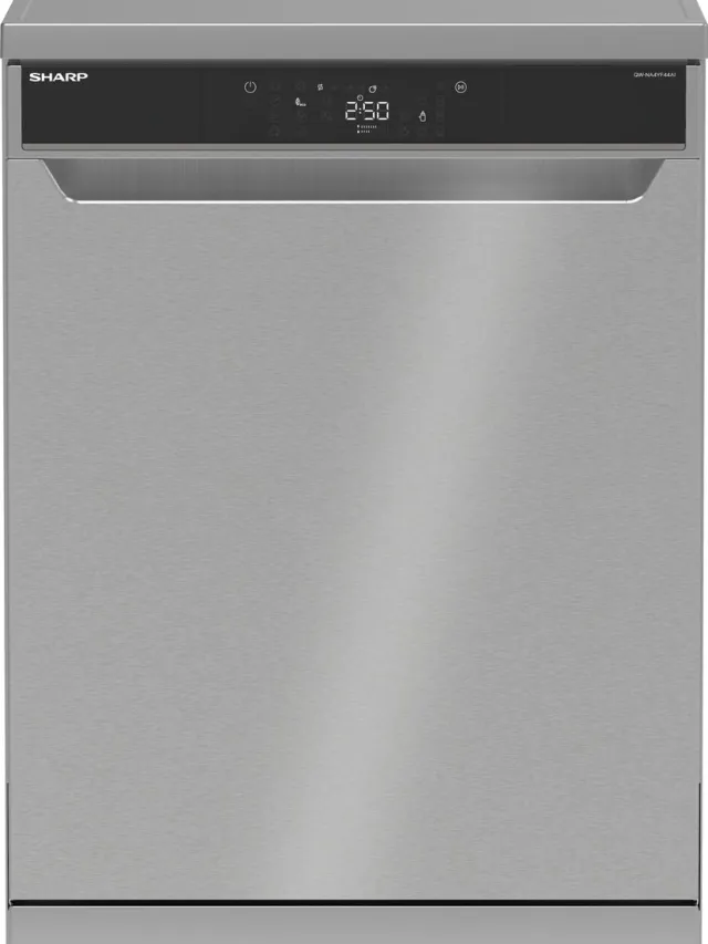 Sharp QWNA4YF44AIEU - vrijstaande vaatwasser - energie label A - 9 liter waterverbruik - 10 jaar motorgarantie - RVS deur zilver