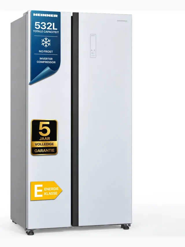 Heinner HSBS-HM532NFGWHE++ Amerikaanse Side-by-Side Koelkast – 532 L – No Frost – Smart Eco Functie – Snel Koelen – Deur-alarm – Wit Glas – 5 Jaar Garantie